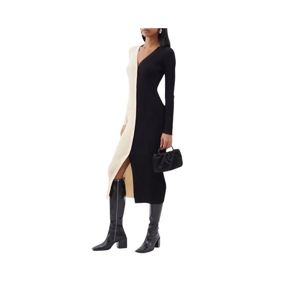 Staud Shoko Two Tone‎ Color Block Ribbed Knit Midi Dress Size SMALL Buff Black - Picture 1 of 15